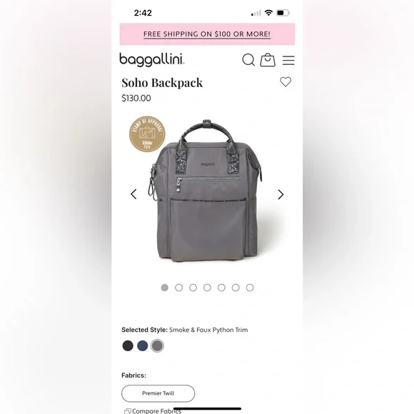 Baggallini Soho Backpack, Smoke and Faux Python Trim - Picture 3 of 10